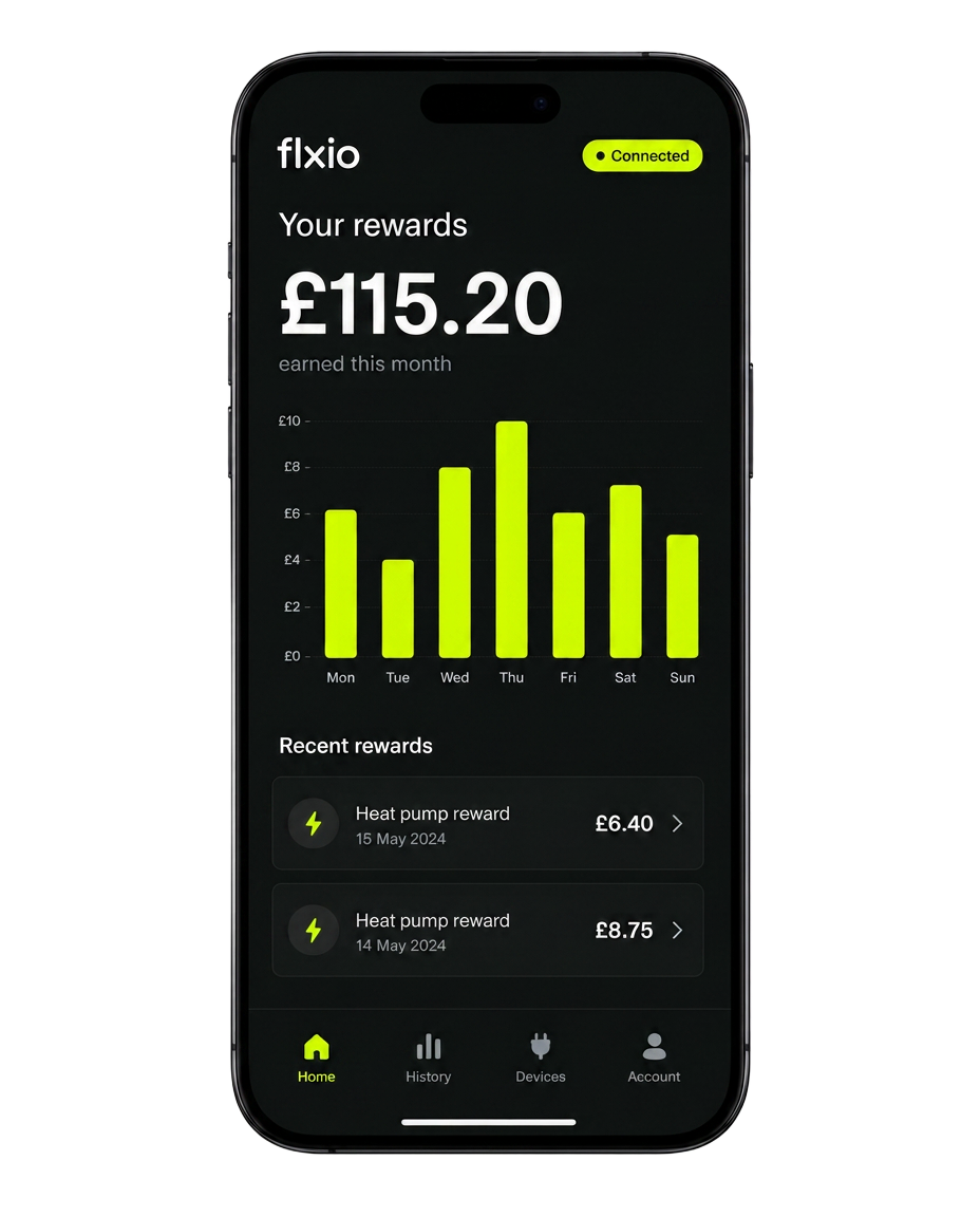 The FLXIO app showing live rewards and connection status