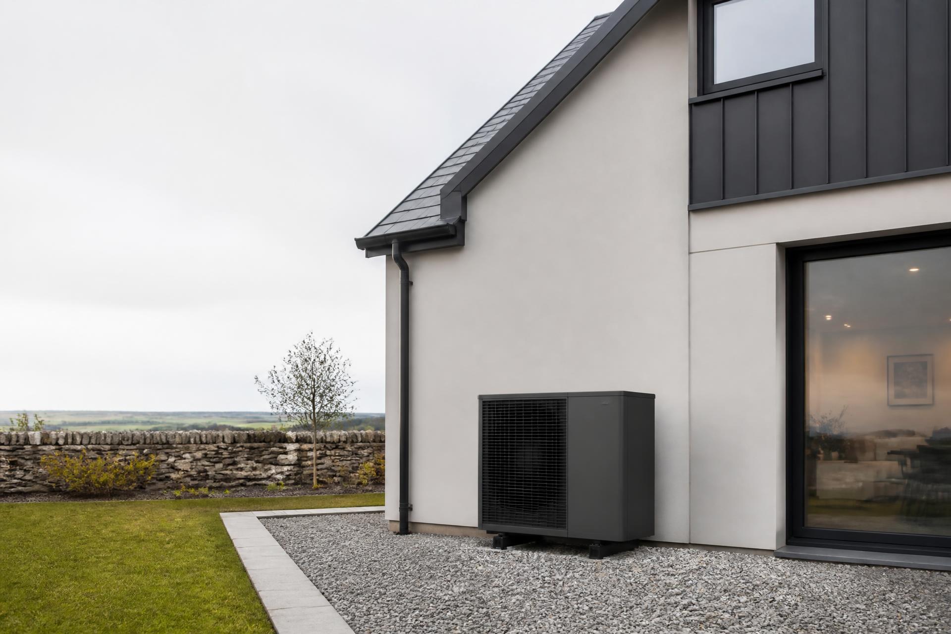 Modern property with an air source heat pump installed outside